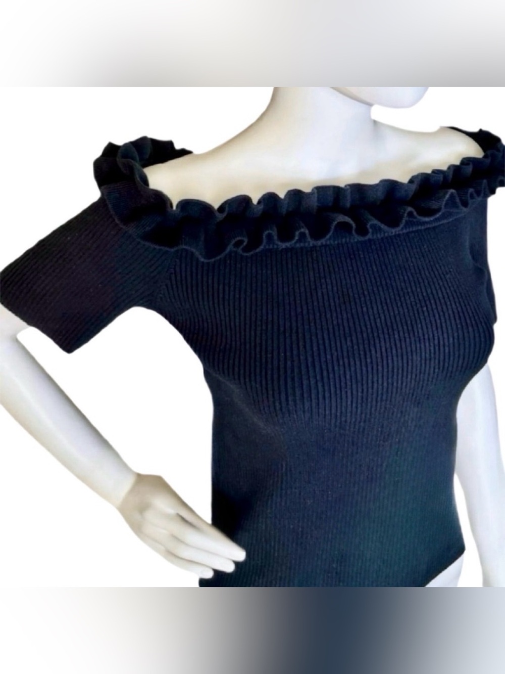 CLUB MONACO Navy Blue Off the Shoulder Short Sleeve Ribbed Knit Top M